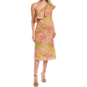 FLORA BEA NYC Retro Neon Floral Adalyn Midi Dress One Sleeve Women’s Sz L